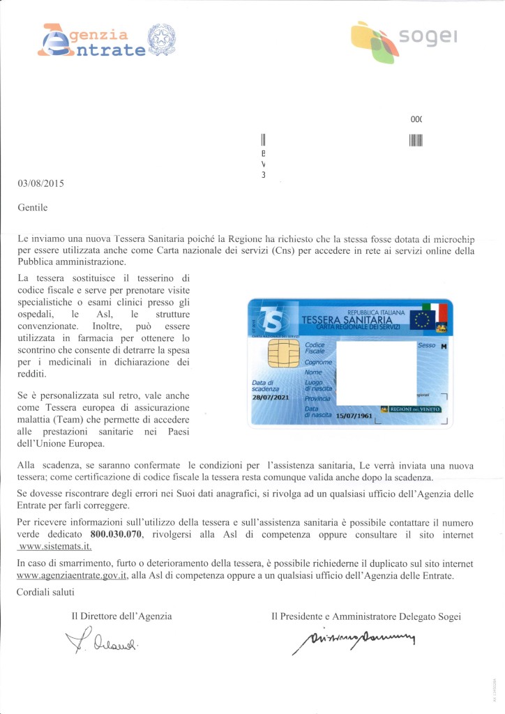 2015.08.03 - AGENZIA ENTRATE ITALIANA - COMUNICAZIONE SU NUOVA TESSERA SANITARIA E CODICE FISCALE